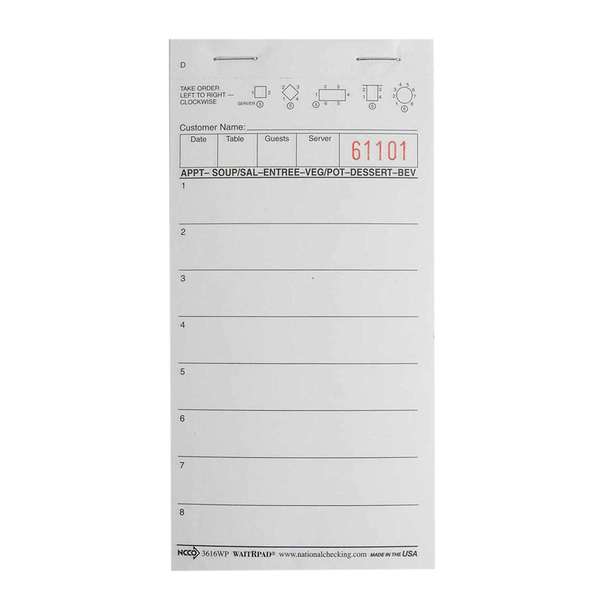 National Checking Waitrpad 3.5"x5.75" 8 Line White 1 Part Guest Check 100 Checks, PK50 3616WP